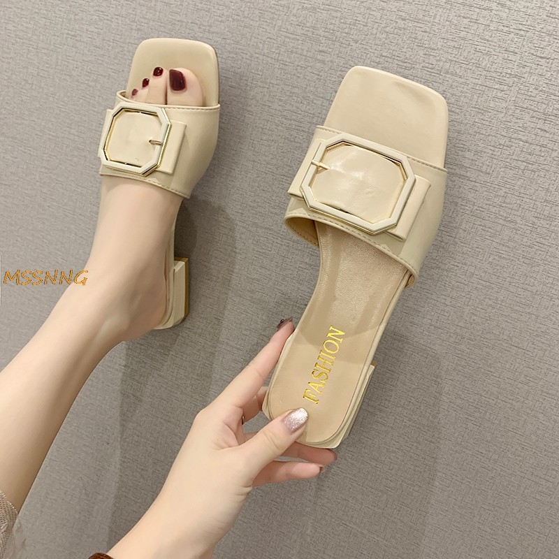 

Summer Casual Buckle Women Slippers Comfortable Low Heels Square Toe Ladies Slides Solid Outdoor Peep Toe Sandals Woman, Beige