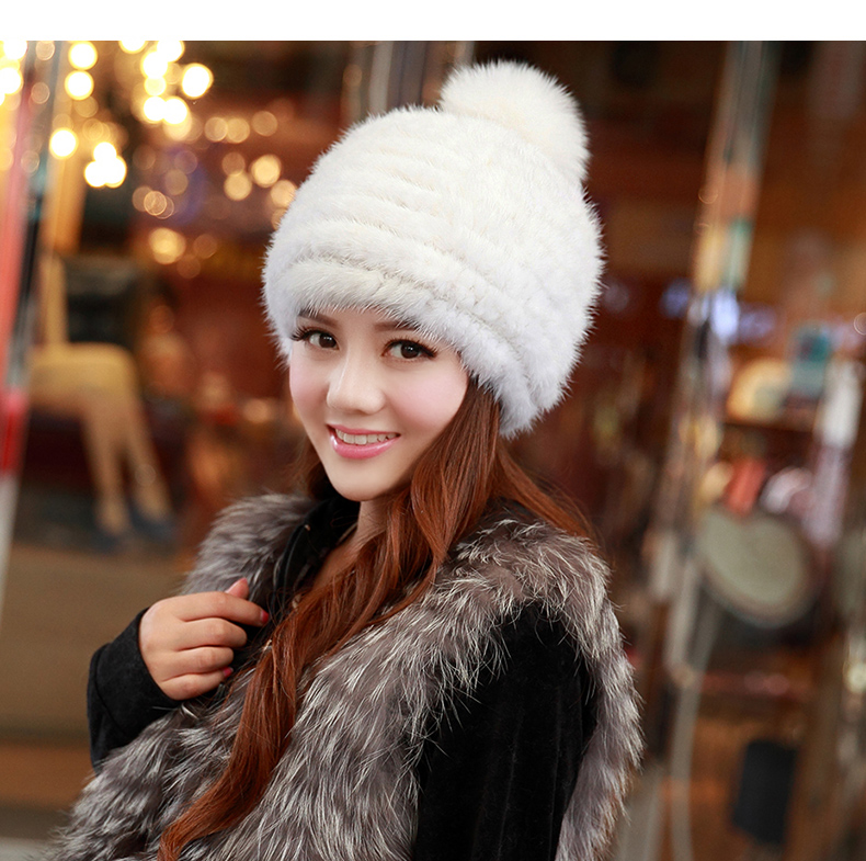 

real hat for women winter knitted beanies cap fur pom poms brand new thick female cap, Black