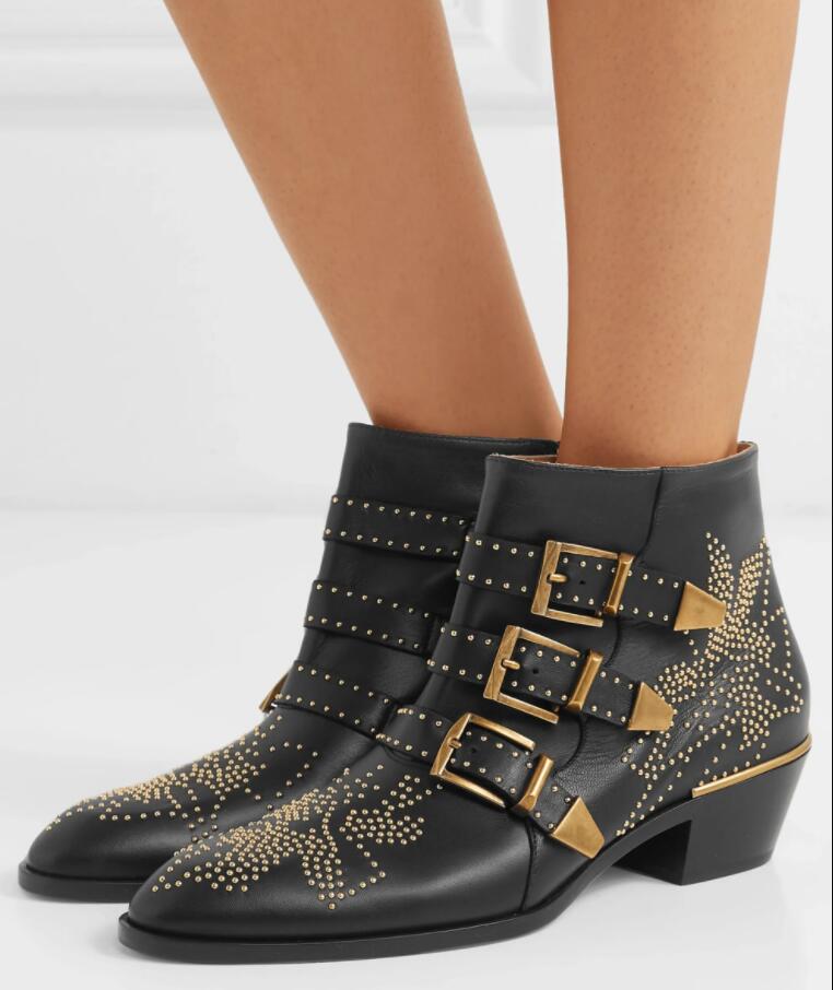 

Luxury Susanna Studded Buckle Ankle Boots for women Winter Martin Booties Genuine Leather Suede designer boots Chunky Heels Combat boots