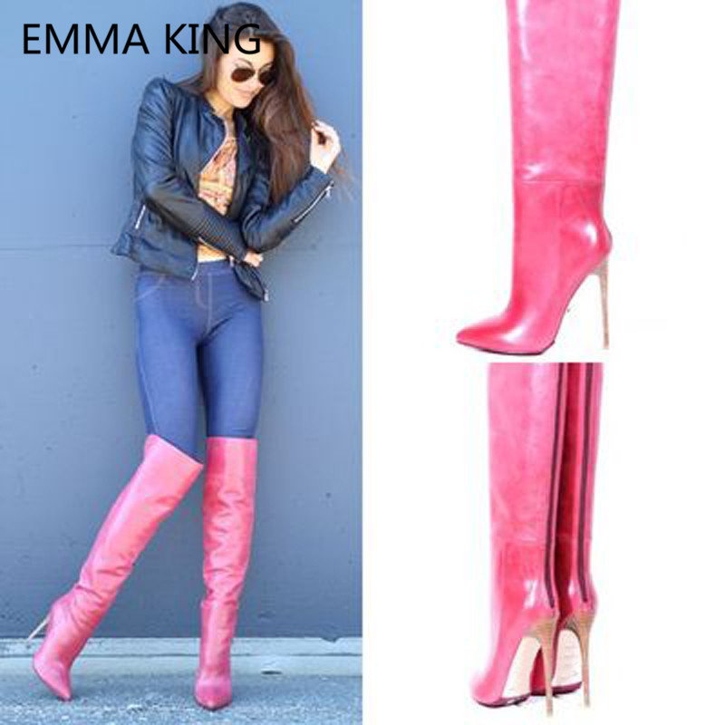 

2020 New Pink Spring Over The Knee Boots For Women Pointed Toe Sexy High Heels Ladies Runway Trendy Shoes Woman Thigh High Boots, As shown in picture