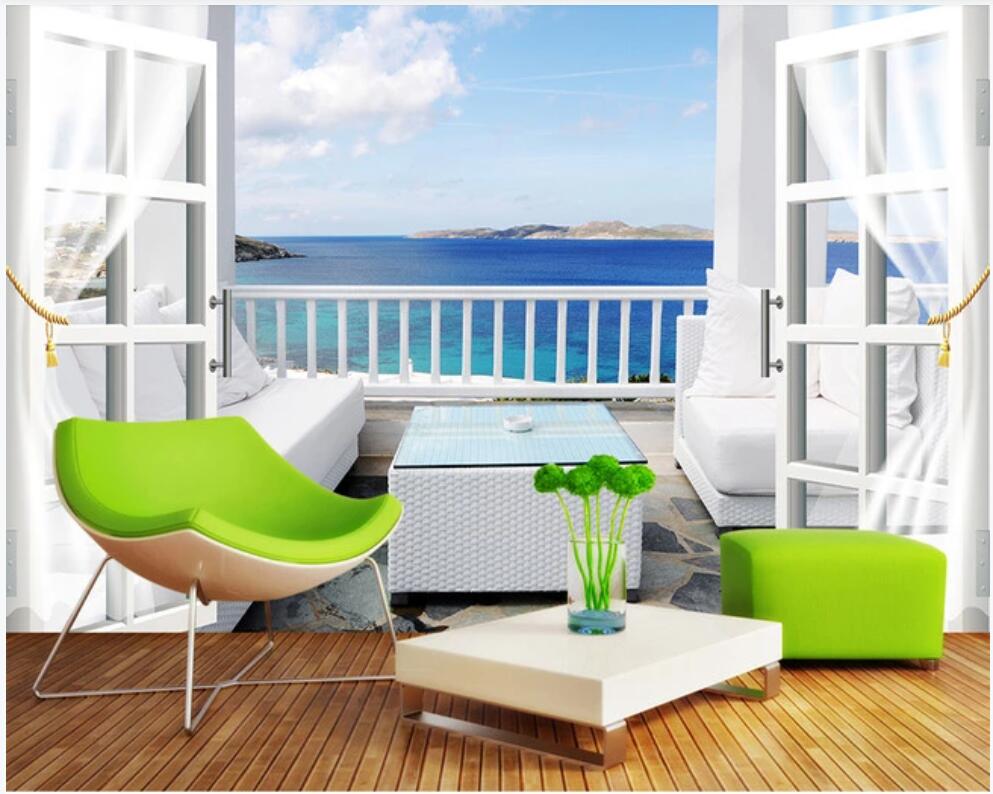 

3d photo wallpaper custom mural Window balcony blue sky white cloud sea view living room home decor 3d wall murals wallpaper for wall 3 d, Non-woven wallpaper
