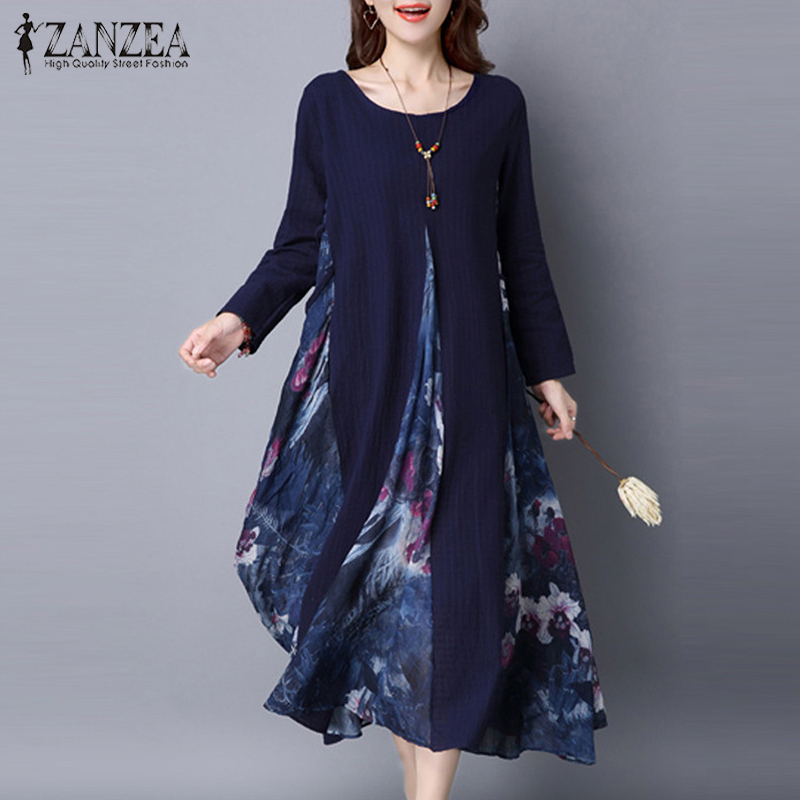 

2020 ZANZEA Spring Womens Floral Print Chiffon Splice Elegant Cotton Linen Long Sleeve Kaftan Party Long Dress Tunic M, Wine red