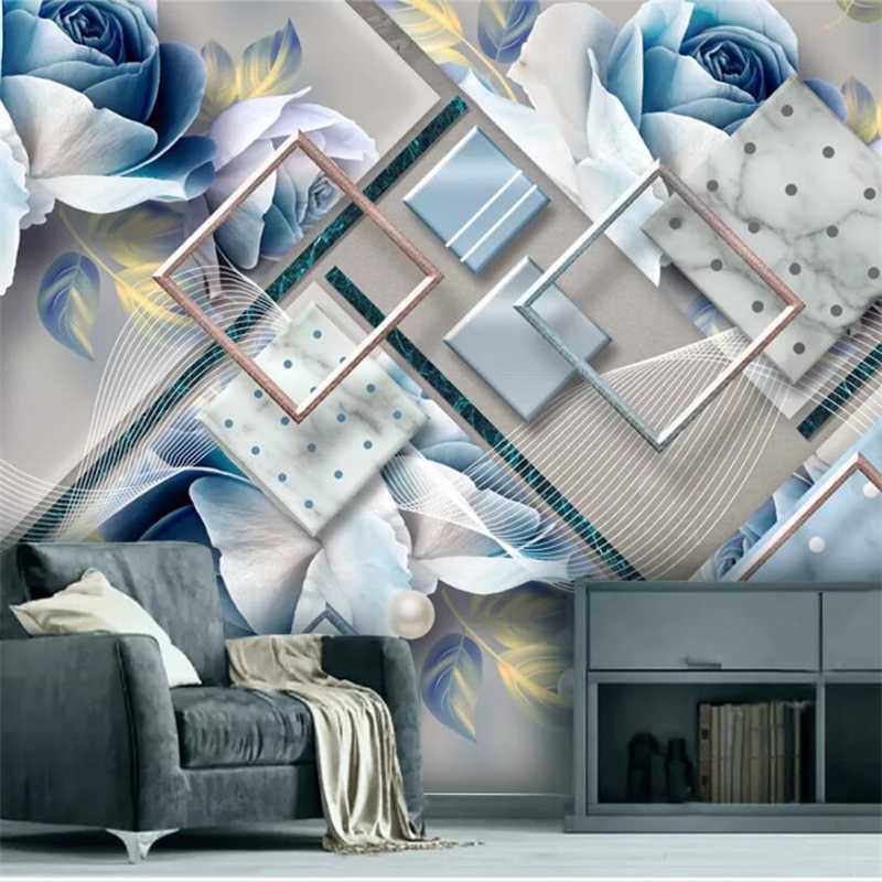 

Customized large mural fashion home decoration modern geometric marble mosaic European rose vintage mural wallpaper living room, Fiber canvas
