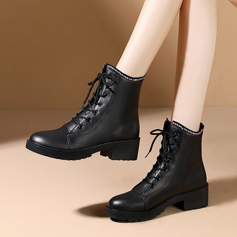 

2020 Winter Women Crystal Ankle Boots Lace Up Motorcyle Boots Chunky Heels Ladies Shoes Platform Rhinestone Botas Mujer 8534N, Black