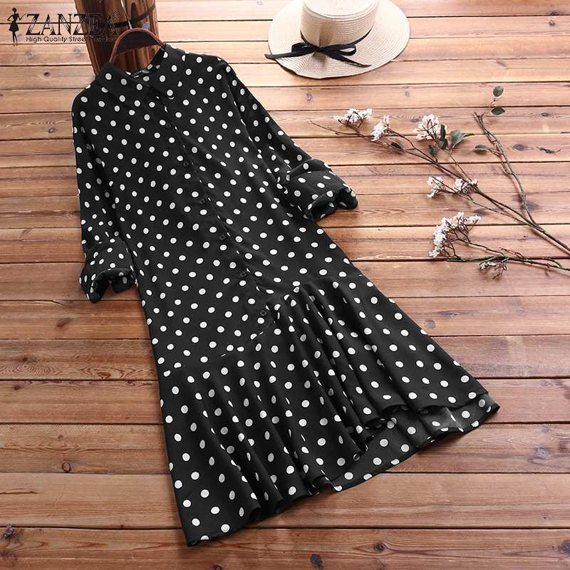 

ZANZEA Plus Size Women's Asymmetric Ruffles Hem Mini Dress Ladies Bohemian Short Vestidos Female Lapel Neck Long Shirt Sundress, Black;gray
