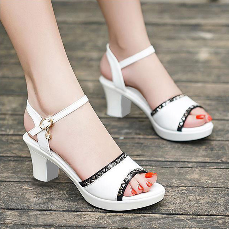 

2020 High Heels Sandals Women Summer Shoes Elegant Ladies Party Shoes Black White Square Heels 6cm A2524