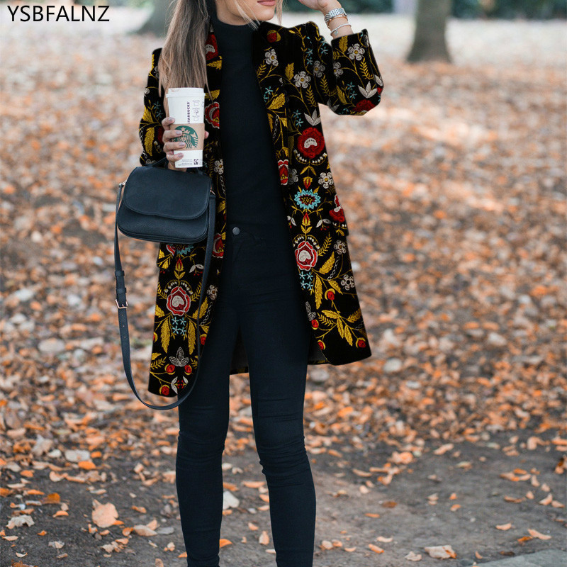 

2020 Female Autumn Winter Flower Print Pattern Long Sleeve Vintage Casual Women Slim Coat Double-sided Outwear lapel fashion New, Photo color