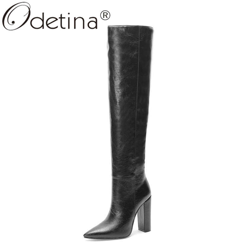 

Odetina Women Fashion Sewing Pointed Toe Keep Warm Knee High Boots Lady Retro Block Extreme High Heel Pull On Winter Long Boots, Black