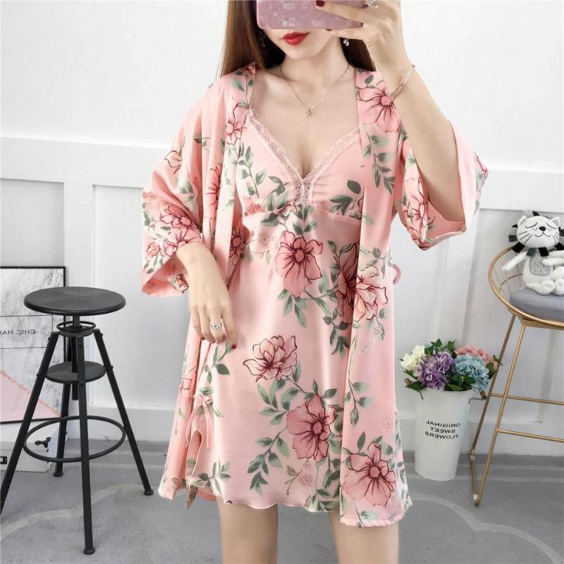 

FZSLCYIYI silk robe & skirt set sexy print sleepwear women summer pajamas lace bathrobe lounge sleep set home pijamas, Pink