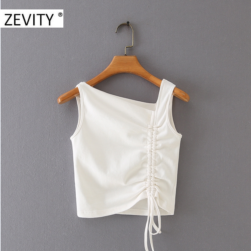 

ZEVITY Women Fashion Skew Collar Sleeveless Asymmetry Short Blouses Vintage Pleated Bow tied Female Shirt Chic Knitted Tops T689, As pic t689xz