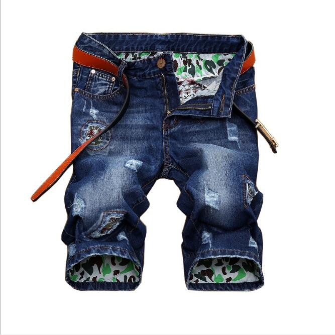 

Men's Summer Blue Short Jeans Holes Patchwork Denim Shorts Casual Knee Length Shorts Jeans Mens good quality Size 38