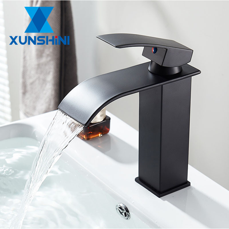 

XUNSHINI Waterfall Basin Faucet Brass Leed-free Bathroom Faucet Single Hole Cold&Hot Water Tap Lavatory Sink Deck Mount Faucets