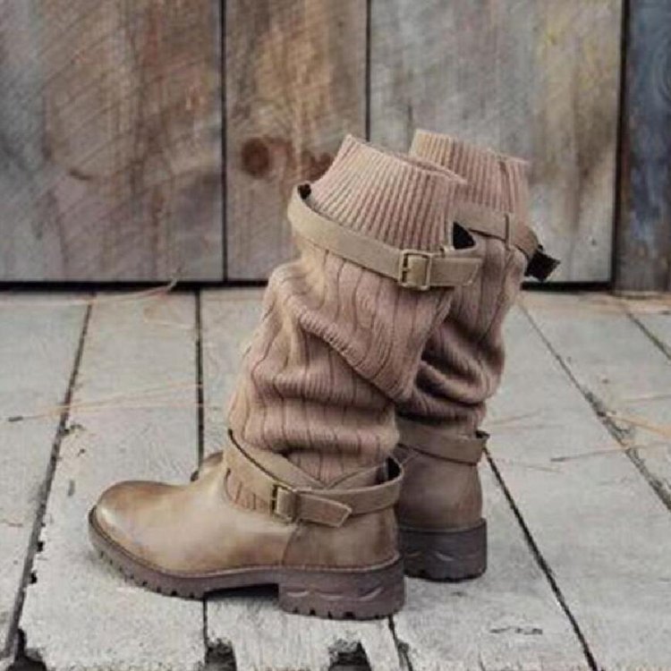 

2020 vintage women's buckle high cotton boots British cosplay shoes office ladies simple solid color low heel boots, Black