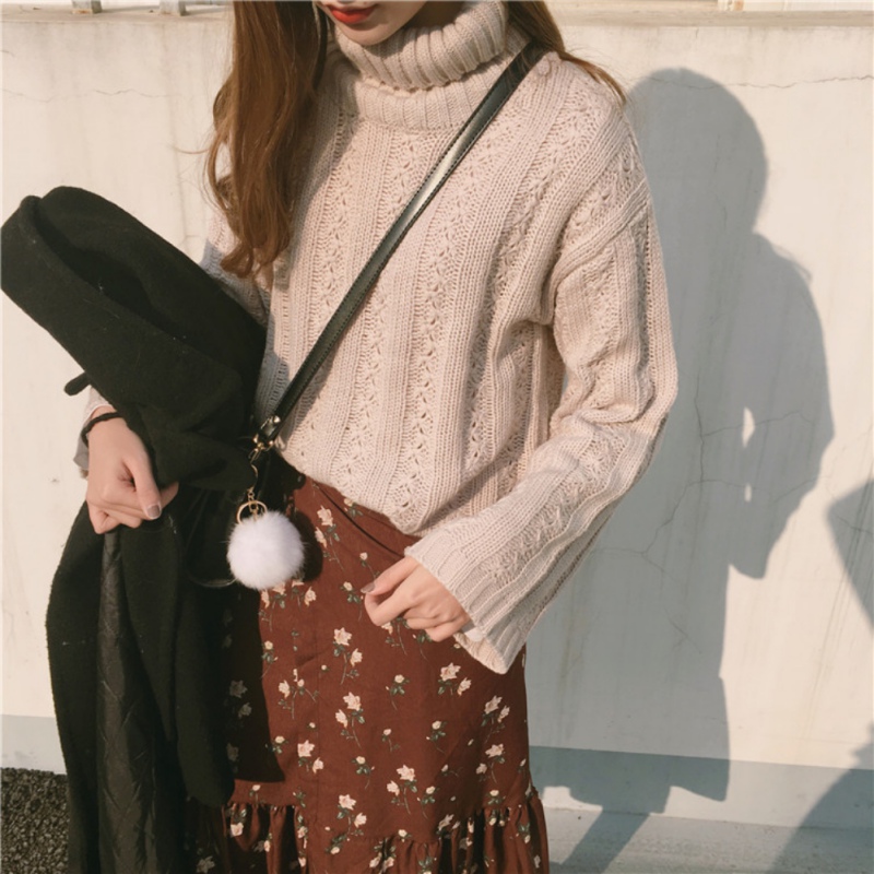 

Blackday Sweater Women Autumn Winter Flare Sleeve Solid Color Turtleneck Knitted Hedging Sweaters Pullovers Hot New, Beige
