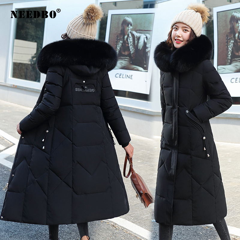 

NEEDBO Long Winter Jacket Women Fur Hooded Parka Casual Coat Winter Jacket Oversize Warm Black Puffer Coat Lady