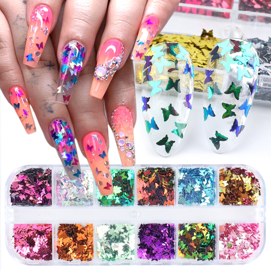

Butterfly Nail Sequins Glitter Chameleon 3D Flakes Slices Sparkly Maple Leaf Manicure Decoration Polish Nail Accessories NFSHD, Silver;gold