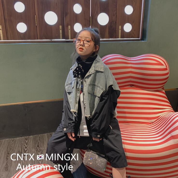 

2020 Korean style girls denim patchwork coat full sleeve autumn girls long coat 4-10t F570, Black