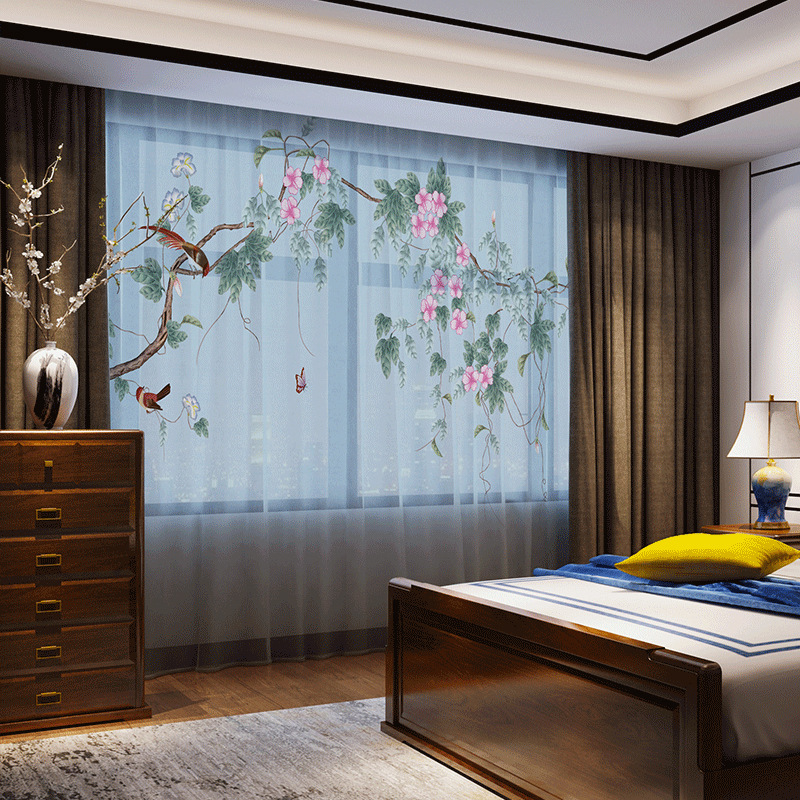 

Elegant Floral Birds 3D Curtains Natural Drape Panel Sheer Tulle Flower Curtains for Girls Living Room Door Kitchen Bedroom, Tulle 9