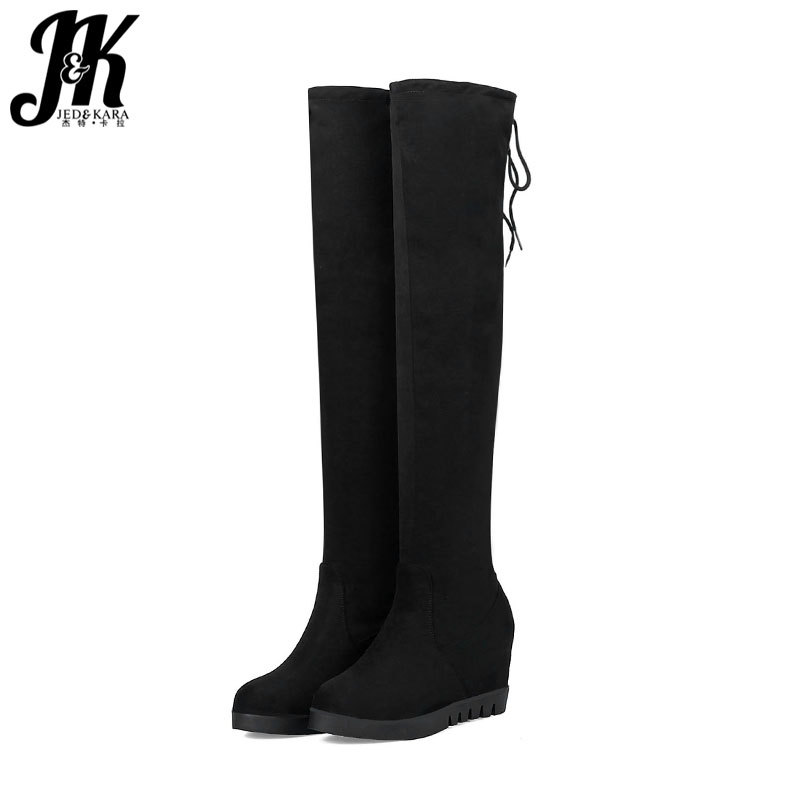 

JK Winter Women Over The Knee Stretch Boots Round Toe Flock Footwear High Heels Fur Female Boots Insert Shoes Women 2020 Black, Red