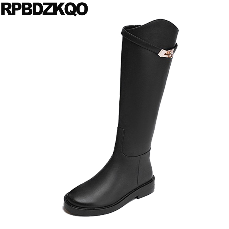

genuine leather knee high zipper long tall shoes women equestrian boots chunky riding autumn block quality black