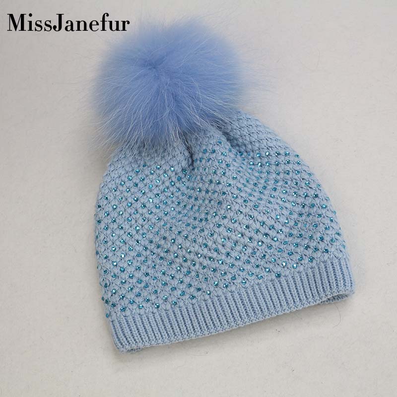 

Winter Warm Women Real Raccoon Fur Pom Pom Knitted Crochet Beanie Hat with Diamonds Pearls Decoration, Black