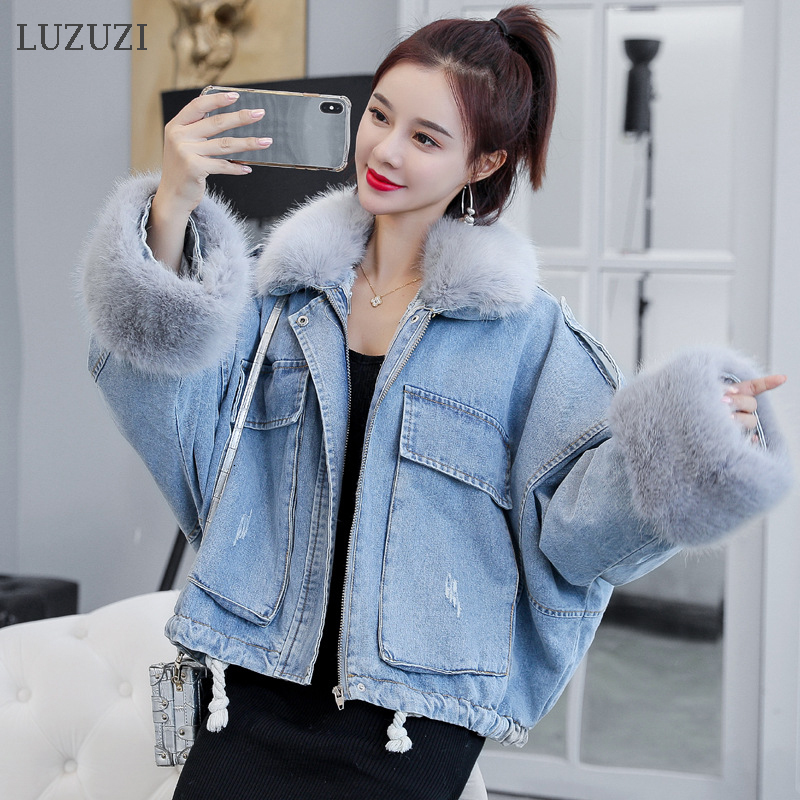 

LUZUZI Warm Bomber Women's Winter Jacket Coat Female Jeans Jacket Basic Ladies Top Windbreaker Denim Jackets Overcoat Plus Size, Blue