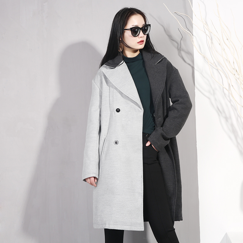

22020 New Spring Lapel Long Sleeve Solid Color Black Gray Match Loose Board Big Size Jacket Women Fashion Medium long double