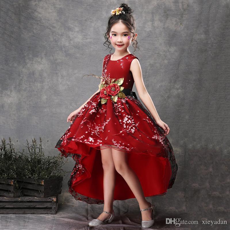

Vintage Lace Dress Rustic Red Green Flower Kids Dresses Fluffy Tulle Ball Gown Pageant Wedding Evening, Red;yellow
