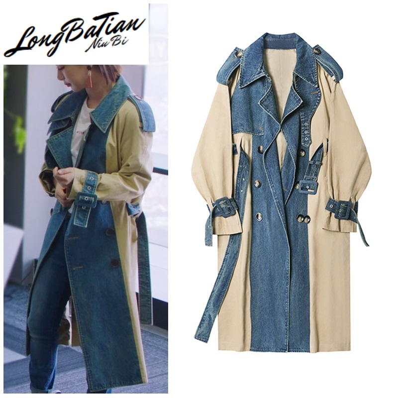 

2020 Spring New Fashion Long Denim splice Trench Coat Double Breasted High Quality Windbreaker Women Slim Outerwear E0007, Photo color