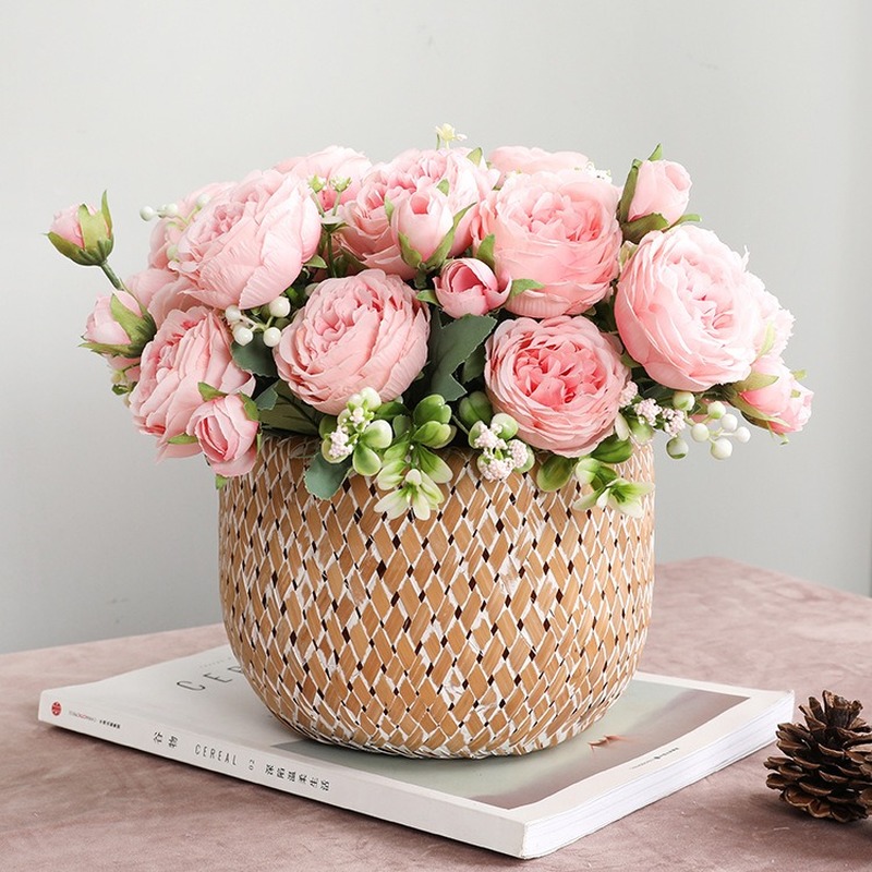 

Fleurs Artificielles En Soie Haute Qualite 5 Rose Artificielle Avec Tige Restaurant Room Wedding Decoration Simulation Bouquet, Pink