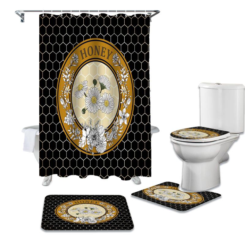 

Daisy Flower Honeycomb Black Retro Honey Shower Curtain Sets Non-Slip Rugs Toilet Lid Cover and Bath Mat Bathroom Curtains Set