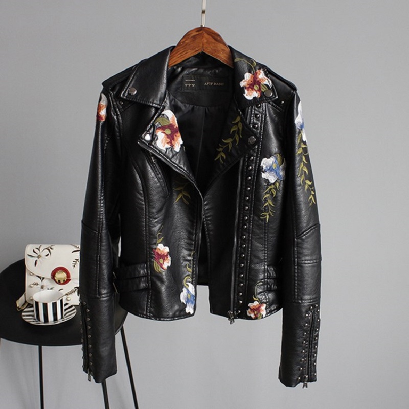 

2020 Top Brand Women Jackets Floral Print Embroidery Soft Leather Female Jacket Coat Casual PU Motorcycle Punk Outerwear