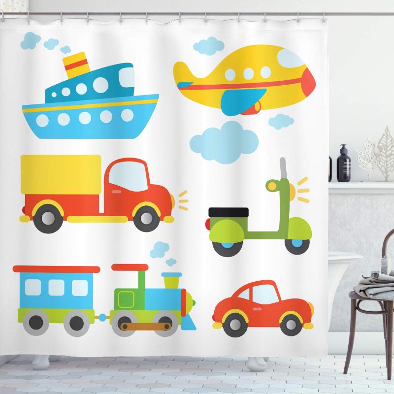

Nursery Shower Curtain Abstract Transportation Types with Car Ship Truck Scooter Train and Aeroplanes Cloth Bathroom Decor Set