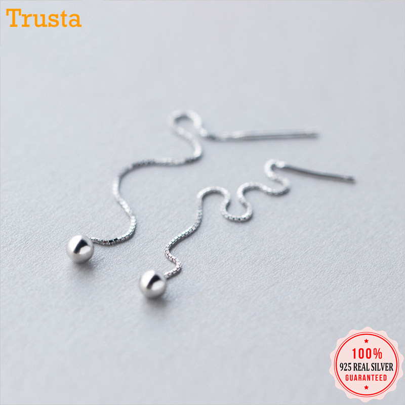 

Trusta 100% 925 Sterling Silver Earrings Jewelry Drop Solid Beads Ear Line Linked Stick Cool Style For Teen Girls Women DS1277