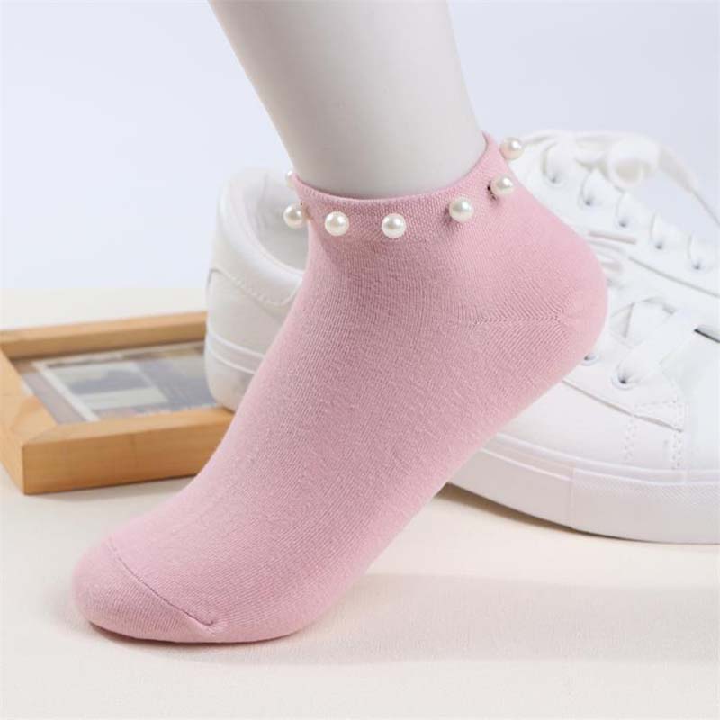 

New Style Casual Ladies Girl Short Socks Lovely Fake Pearl Socks Bead Sox Hosiery Candy Color Hot Sale Women's Cotton, A-7