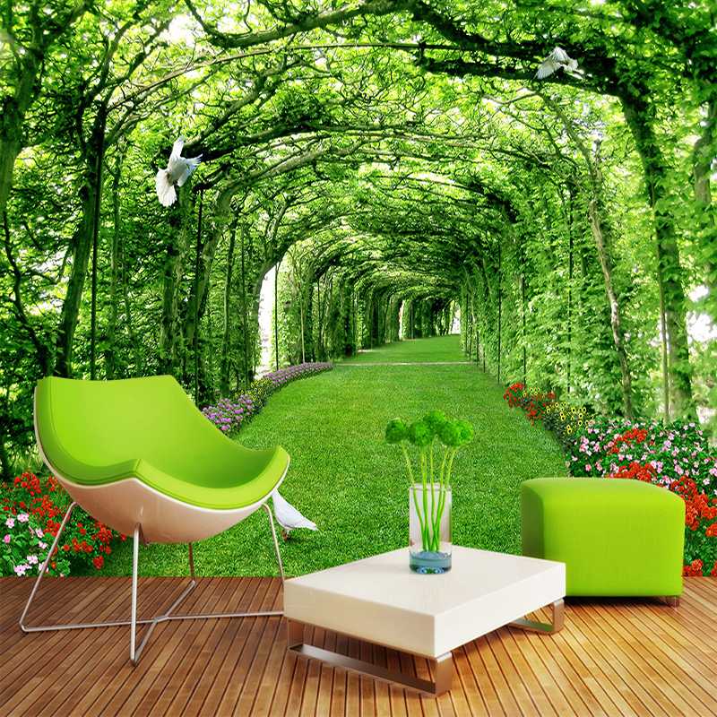 

Custom Photo Wallpaper For Walls 3 D Green Forest Tree Lawn 3D Stereo Space Backdrop Wall Paper Home Decor Mural Papel De Parede, Silk cloth