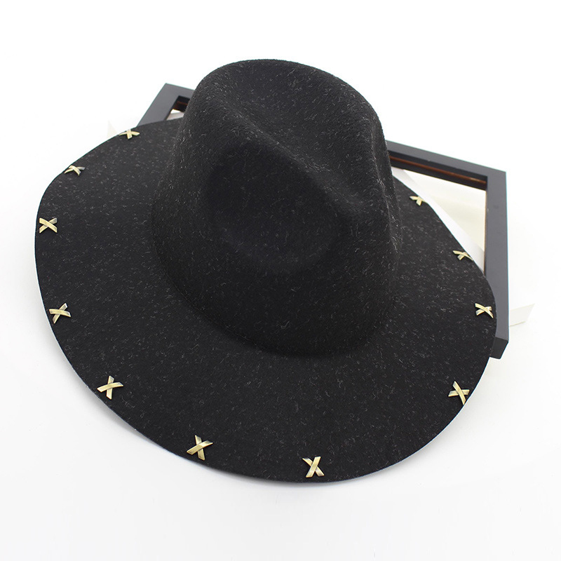 

Wide Brim Wool Felt Fedora Jazz Hats Rivets Decor Women Men Panama Style Trilby Party Cowboy Cap Unisex Fashion Gambler Hat, Black