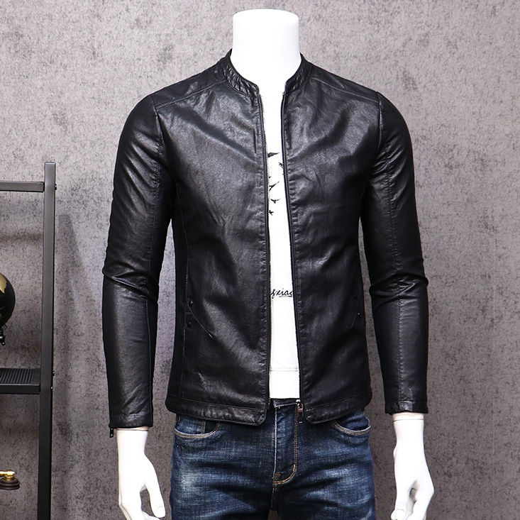 

2020 Autumn Men's Leather British Fashion Motorcycle Suit Collar Coat Solid Color Zipper Long Sleeve Faux Leather Jacket K156, Black