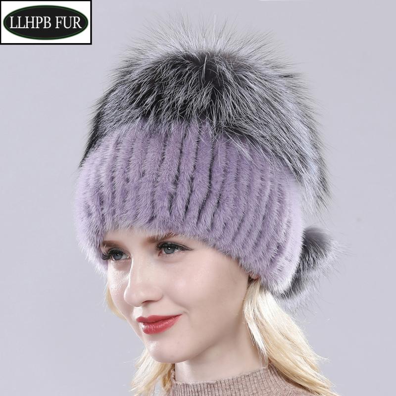 

2020 Women Winter Luxury Hand Knitted Real Hat Natural Warm Top Fur Cap Lady Quality Genuine Hats, Black