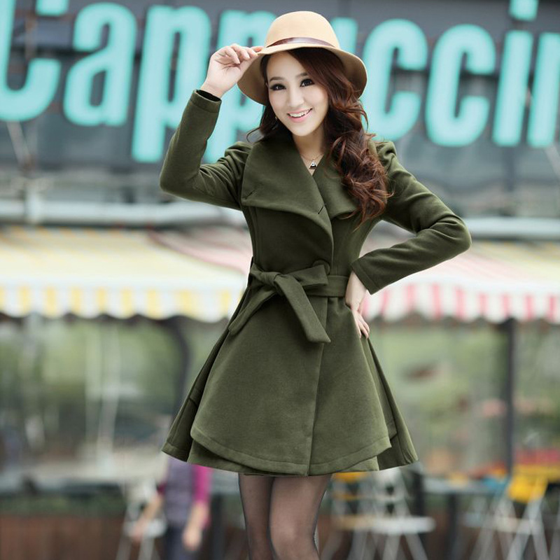 

Sashes Women Wool Coat Slim Winter Jacket Fashion Cashmere Coat Nice, Army green
