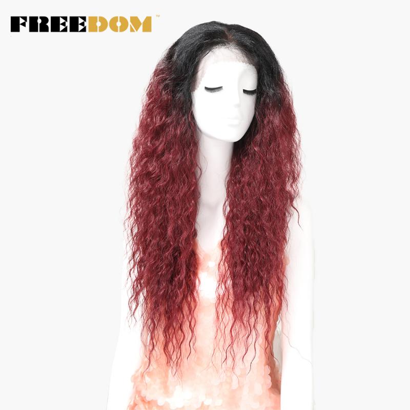

FREEDOM Lace Front Wig With Baby Hair Kinky Curly Wigs Synthetic Ombre Red Cosplay Wig For Black Women Heat Resistant 30inch, #1b