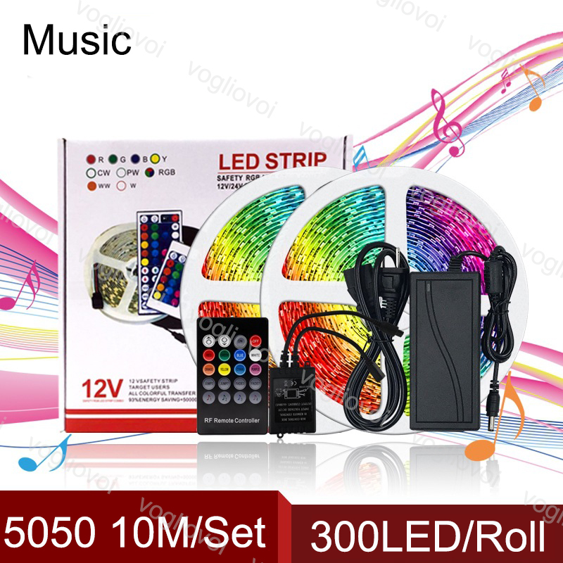 

Led Light Strip Bluetooth Music 10M SMD5050 300Leds/Roll DC12V RGB Black 20keys 110-240V 6A Adapter For Courtyard KTV Plaza DHL