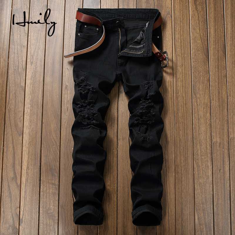 

HMILY High Quality Men Elastic Skinny Jeans Wrinkle In Knee Hip Hop Biker Pants Thigh Ripped Trousers Big Size Black