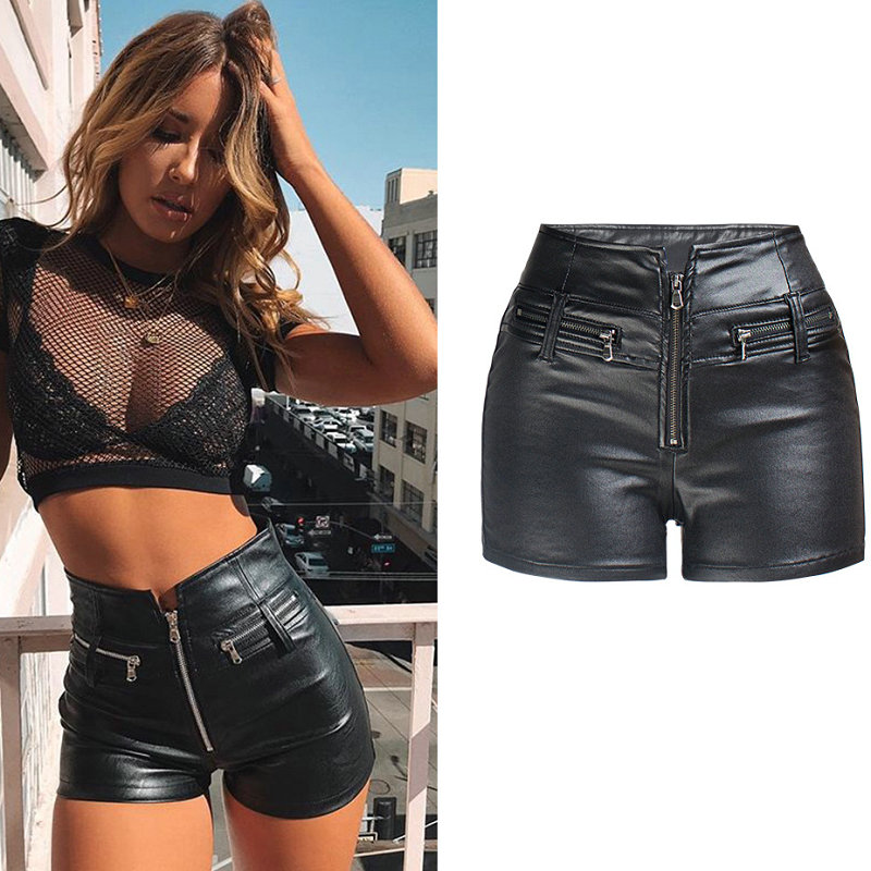 

Zipper Black Leather Shorts 3XL Plus Size PU High Waist Sexy Club Spring Summer Slim Shorts Women Short Pant Pocket Trousers