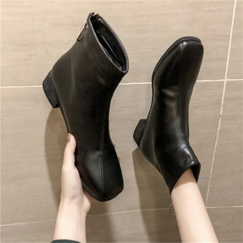 

Autumn Winter Fashion Leather booties Women New Square head wild short boots female Shallow mouth thick with shoes Low heel bare, Brown