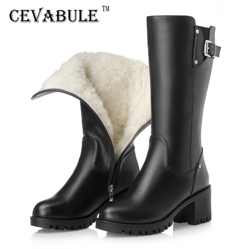 

CEVABLUE Winter Women's Shoes Velvet Middle Boots Thick Heels High Heels Round Head Woolen Boots Thin Knight ZLT-XDM-211, Black pu sheep