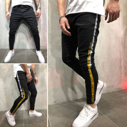 

Slim Biker Jeans Men 2020 New Fashion Skinny Yellow Stripes Black Jeans Pencil Slim Streetwear Hip Hop Disstressed