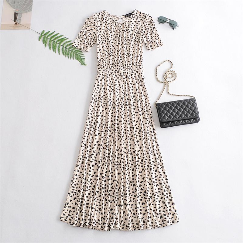 

2020 summer women's new round neck short-sleeved printed slim waist sexy temperament light cooked long dress, Multi