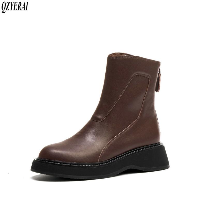 

2021 Winter New style Genuine leather Women boots Motorcycle boots wedge Female warm Women shoes, Black