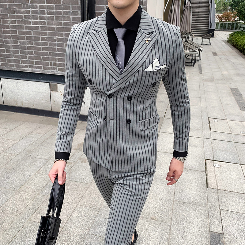 

Blazer + Pants Men's Gray Black Striped Suit Business Dress Double Breasted Men's Tuxedo Slim Blazers Groom Wedding Dress, Gray blazer pant